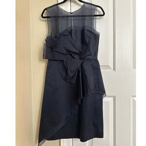 J. Mendel‎ Navy Blue Silk Illusion Neckline Cocktail Dress Sculptural Bow Size 6